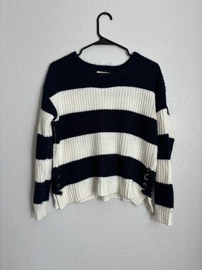 It's Our Time Cropped Navy and White Striped Crewneck Sweater